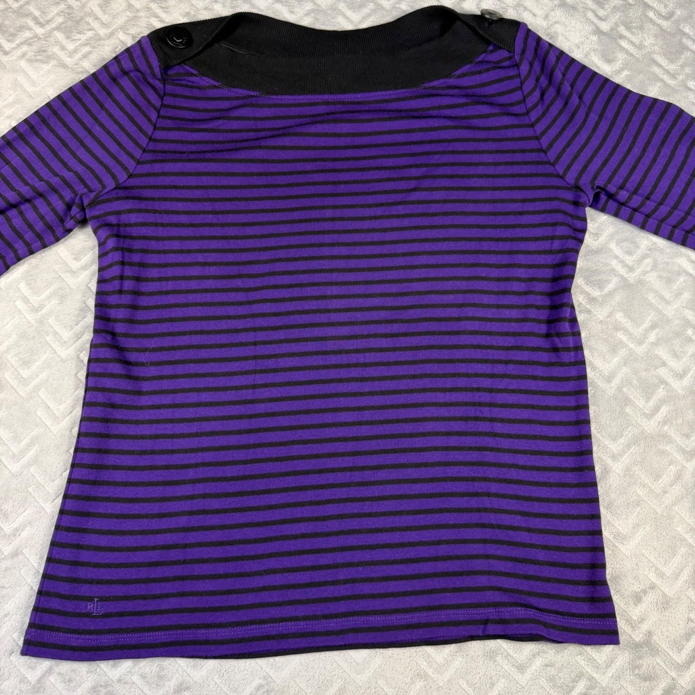 Lauren Ralph Lauren Striped Top Womens Medium Purple Excellent Button Shoulder